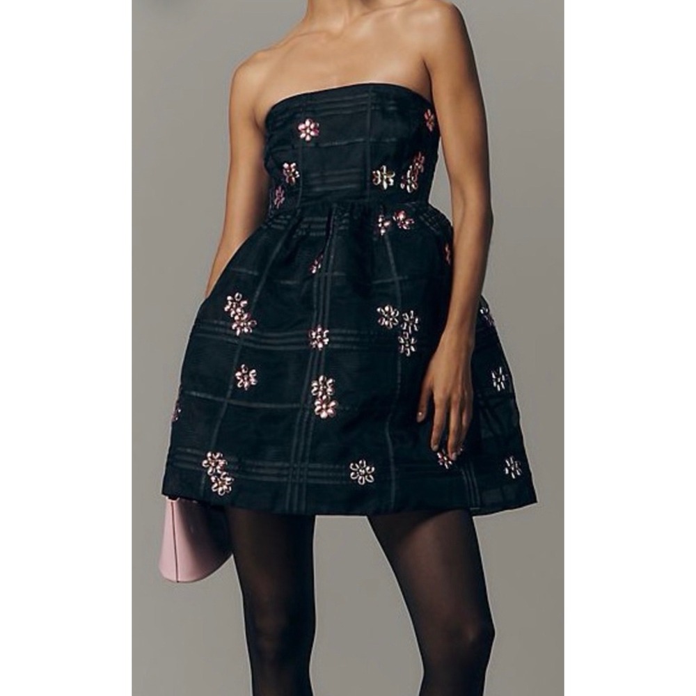 Anthropologie Strapless Embellished Fit & Flare Mini Dress Black Grid Organza XL
